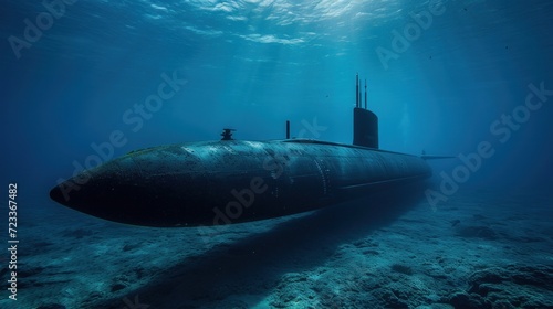 Naval submarine submerge deep underwater near to ocean floor