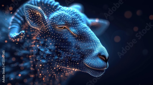  a close up of a sheep's head with a lot of dots in the shape of a cow's head on a dark background of blue and white dots.
