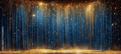 A sparkling blue curtain hangs in front of a glowing fountain, reflecting the night sky with its golden glitter and hinting at a dreamy and enchanting atmosphere