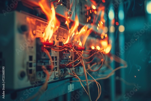 Close-Up of a Burning Switchboard and Circuit Breakers on a Wall