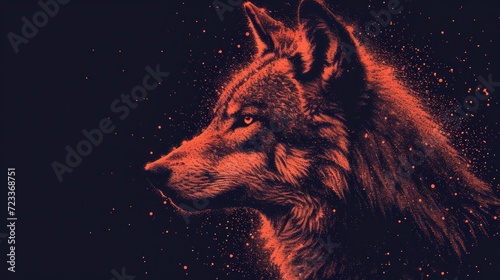  a close up of a wolf's head on a black background with red and black stars in the sky behind it and the wolf's head is looking to the left.