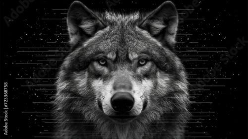  a close up of a wolf's face on a black background with lines in the shape of the wolf's head and the wolf's head is looking at the camera.
