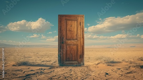 the surreal scene of an open door in the middle of a desert, symbolizing opportunity and the unknown