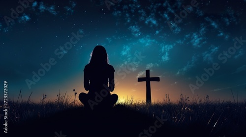 person prayer at nature, faith and christianity concept, cross at night sky