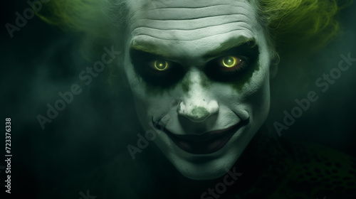 Unheimlicher Horrorclown mit grünen Haaren und leuchtenden Augen. Düstere dunkle Stimmung. Closeup. Illustration