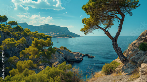 Scenic coastal view with a lone tree overlooking the Mediterranean Sea, cliffs, and clear blue sky.