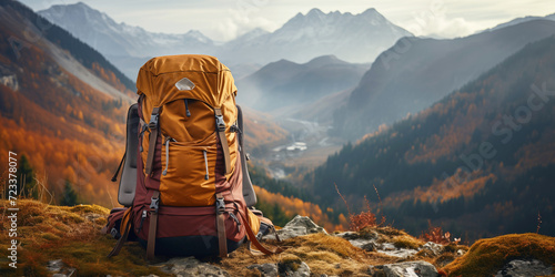 Hiking Backpack on Travel Background in the Mountains