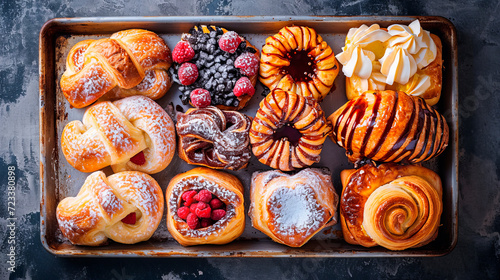 Danish pastries are delicious and fresh on an aluminum baking sheet