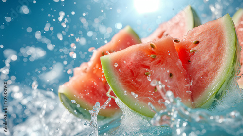 Fresh watermelon slices with splashing water on a blue background.