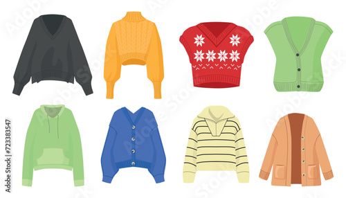 Set of sweaters, vests, hoodies in cartoon style. Vector illustration of beautiful warm outerwear in pastel colors decorated with ornaments and buttons isolated on white background.