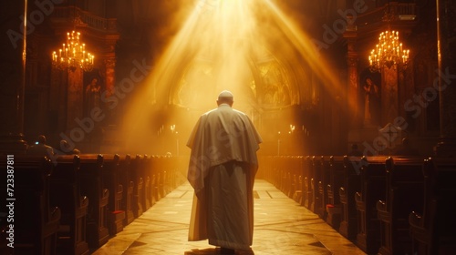 pope or high priest entering a church through a hallway with a ray of light