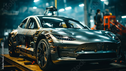A vehicle in the converr line factory. Metallic green modern electric car stands on the assembly line with workers and robots.