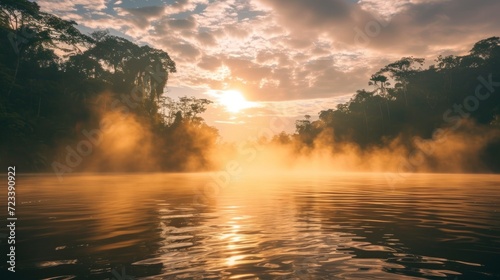 beautiful amazon river with fog