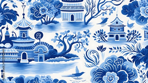 Blue Willow seamless Pattern, Chinese Blue Willow Motifs, Scrapbooking, Chinoiserie digital seamless paper