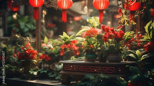 Chinese New Year potted plants display, depicted vividly in it's details surrounded by shiny green leaves and red blooms