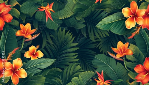 Tropical floral seamless pattern background with exotic flowers, palm leaves, jungle leaf, orchid