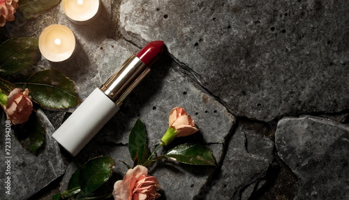 Lipstick gloss mockup on grange stone background, cosmetic mock up