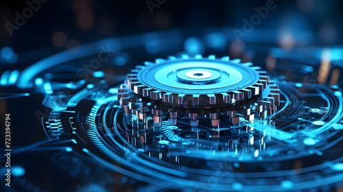 Gears icon on a digital display with reflection. Concept of business process workflow optimisation and automation, digital transformation, robotic process automation and flowing process management.  