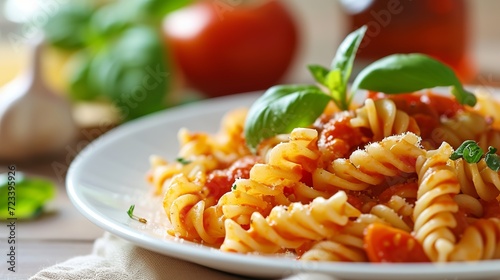 Italian-style cuisine featuring spiral-shaped fusilli pasta served with tomato sauce