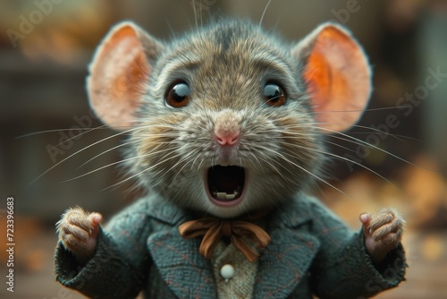A dapper rodent donning a sharp suit, blending in with its packrat companions while sporting its delicate snout and distinguished whiskers like a true mammalian businessman