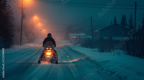 Closeup of snowmobiler driving down a street at night in a Northern Community