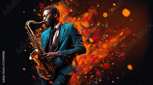 the World Jazz Festival with a dynamic photograph of a saxophonist musician passionately playing the saxophone on stage, surrounded by the energy and excitement of the fest.