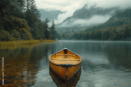 A lone canoe glides through the tranquil mist, its reflection mirroring the serene landscape of towering trees and mist-covered mountains, a perfect escape into the peaceful embrace of nature on the 