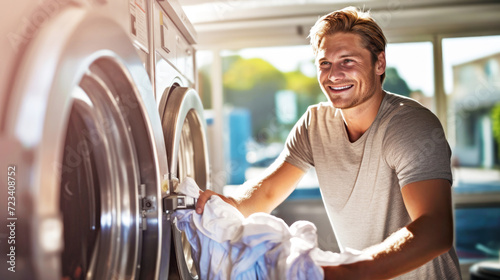 Joyful Young adult caucasian white man with blond hair smiling as he loads laundry into a washing machine in a laundromat. Washing concept. Daily household chores and lifestyle. Banner. Copy space