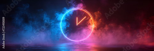 A neon illustration of a blue purple clock. Created with generative AI.