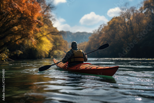 A person kayaking down a peaceful river, surrounded by scenic landscapes. Concept of water sports and nature immersion. Generative Ai.
