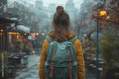 Braving the brisk autumn air, a woman confidently strides down the bustling street, bundled up in her cozy winter coat and trusty backpack, surrounded by towering trees and looming buildings