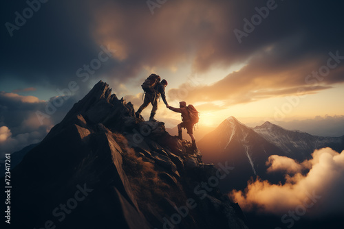 Alpinista ayuda a su compañero de equipo a escalar la cima