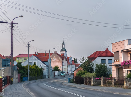 Green summer cityscape of Bnin, small town near Kórnik (Kornik), Poznan, Wielkopolska, Poland at sunset