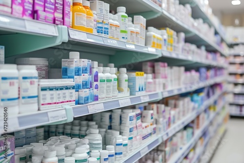 A pharmacy shelves displaying a diverse range of pharmaceuticals for various health needs