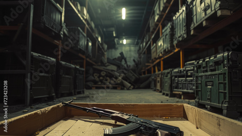 Warehouse with weapon and army equipment, assault rifle is in wooden box in dark storage. Illegal smuggle arsenal of guns. Concept of war, military, background, violence, package