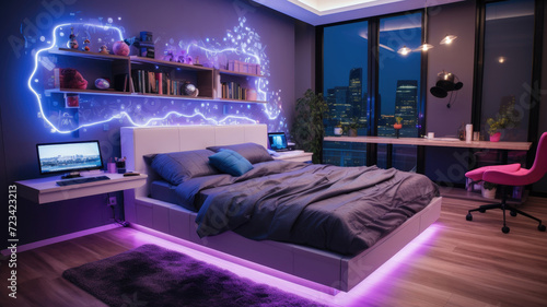 Modern room for teenager at night, interior with purple and blue neon led light. Luxury home design teenage bedroom with glowing lines. Concept of teen, child, apartment, technology.