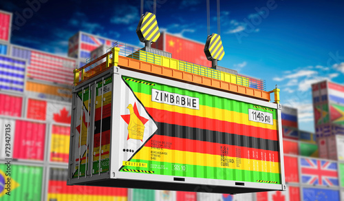 Freight shipping container with national flag of Zimbabwe - 3D illustration
