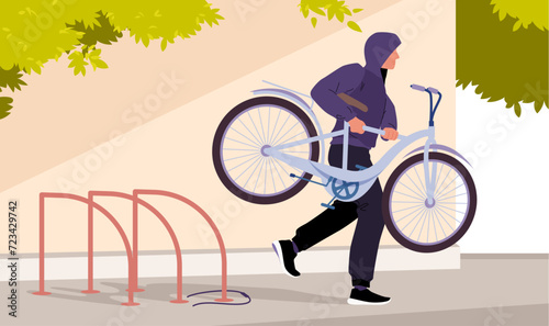 Thief stealing bicycle from rack in public city area, bike theft on street. Man carrying stolen personal transport and running, male criminal broke security lock to steal cartoon vector illustration