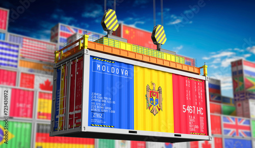 Freight shipping container with national flag of Moldova - 3D illustration