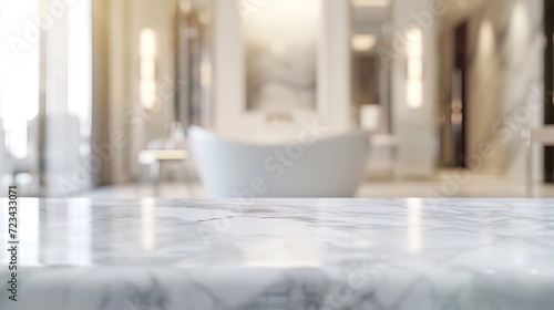 Empty marble table top with blurred bathroom interior background : Generative AI