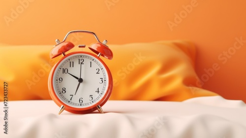 Closeup of an alarm clock on the bed with pillow and blanket, bed time or waking up concept with space for copy