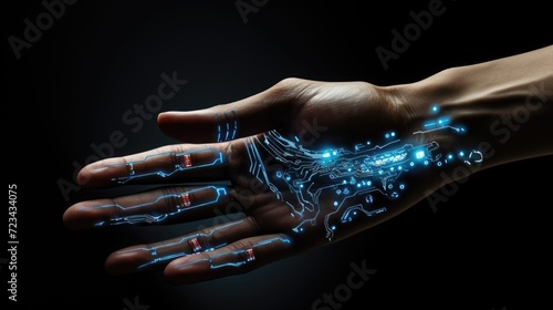 the concept of technology touching a human hand with dark background, in the style of futuristic spacecraft design, light blue