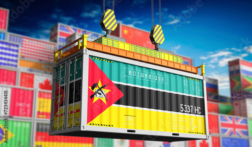 Freight shipping container with national flag of Mozambique - 3D illustration
