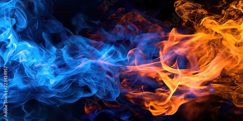 Vivid Blue and Orange Flames Abstract on Black Background, Intense abstract interplay of blue and orange flames swirling against a dark backdrop