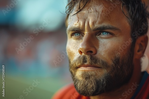 A rugged man with damp hair and a bushy beard stares stoically into the distance, his strong jawline and piercing gaze showcasing his raw masculinity and strength