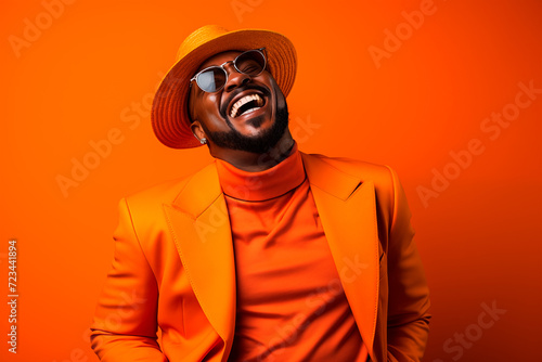 Artistic portrait of a stylish African-American man laughing on an orange background, vibrant colors. Generative AI
