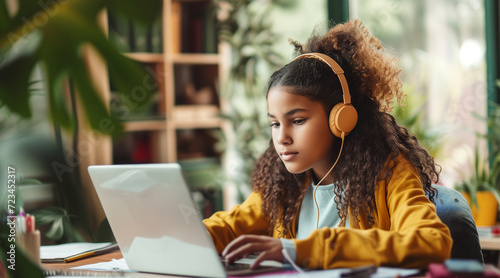 Happy schoolgirl doing homework at home. During pandemic or travel children continue learning process. Mixed-race KId receive assignments from teachers via laptop and headphones