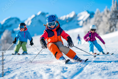 Family Skiing on Snowy Slopes
