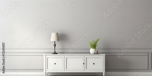 Contemporary dresser with nearby lamp by gray room wall.