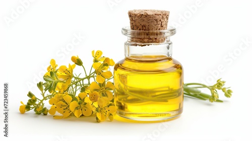 rapeseed oil in a bottle and a flower isolated on a white background ,depicting natural beauty and alternative medicine.